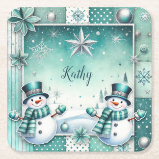 Christmas: Snowmen turquoise Square Paper Coaster