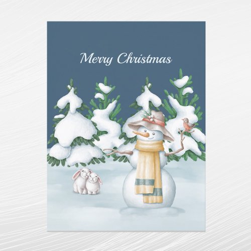 Christmas Snowwoman Rabbits Trees Snow Watercolor Holiday Postcard