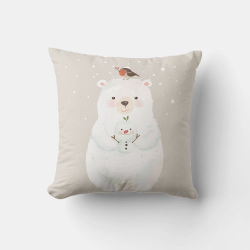 Christmas Snowy Bear Hugs Throw Pillow