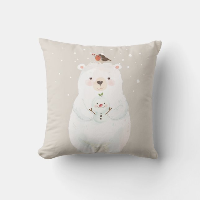 Christmas Snowy Bear Hugs Throw Pillow (Front)