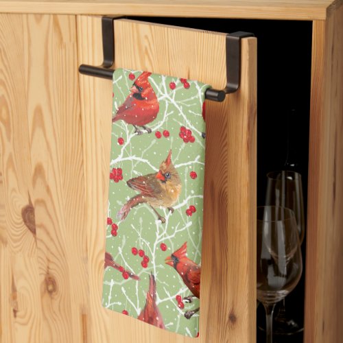 Christmas Snowy Cardinals  Celery  Kitchen Towel