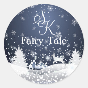 Christmas Snowy Fairy Tale Fantasy Forest Monogram Classic Round Sticker