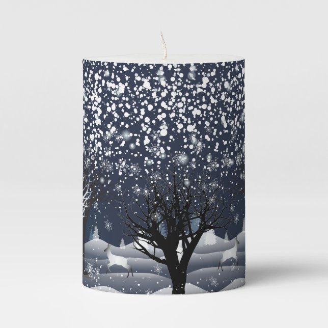 Christmas Snowy Fairy Tale Fantasy Forest Pillar Candle (Front)
