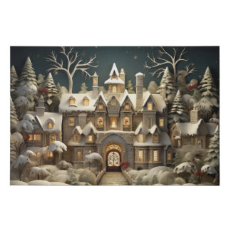 Christmas Snowy Manor Storybook Wonderland Faux Canvas Print