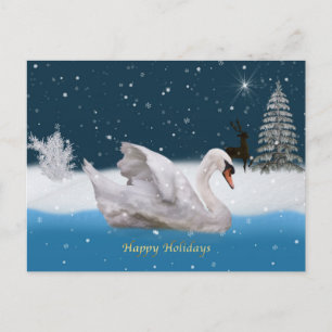 Christmas, Snowy Night with A Swan on a Lake Holiday Postcard