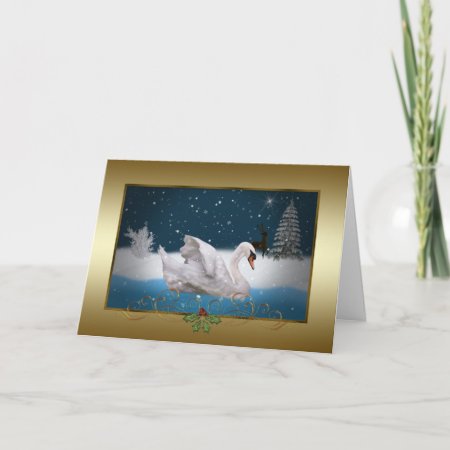 Christmas, Snowy Night With A Swan On Lake Holiday Card