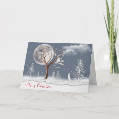 Christmas Snowy Owl and Rabbit Card