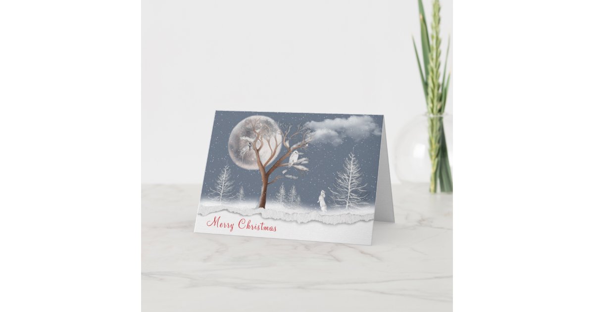 Christmas Snowy Owl and Rabbit Card | Zazzle