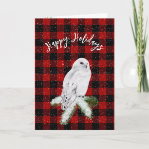Christmas Snowy Owl On Plaid Card