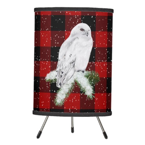 Christmas Snowy Owl On Plaid  Tripod Lamp