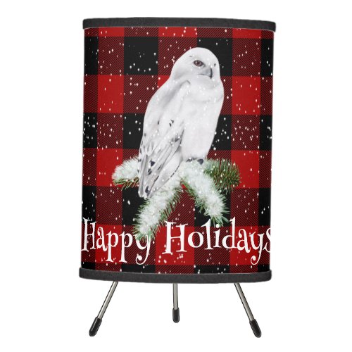 Christmas Snowy Owl On Plaid  Tripod Lamp