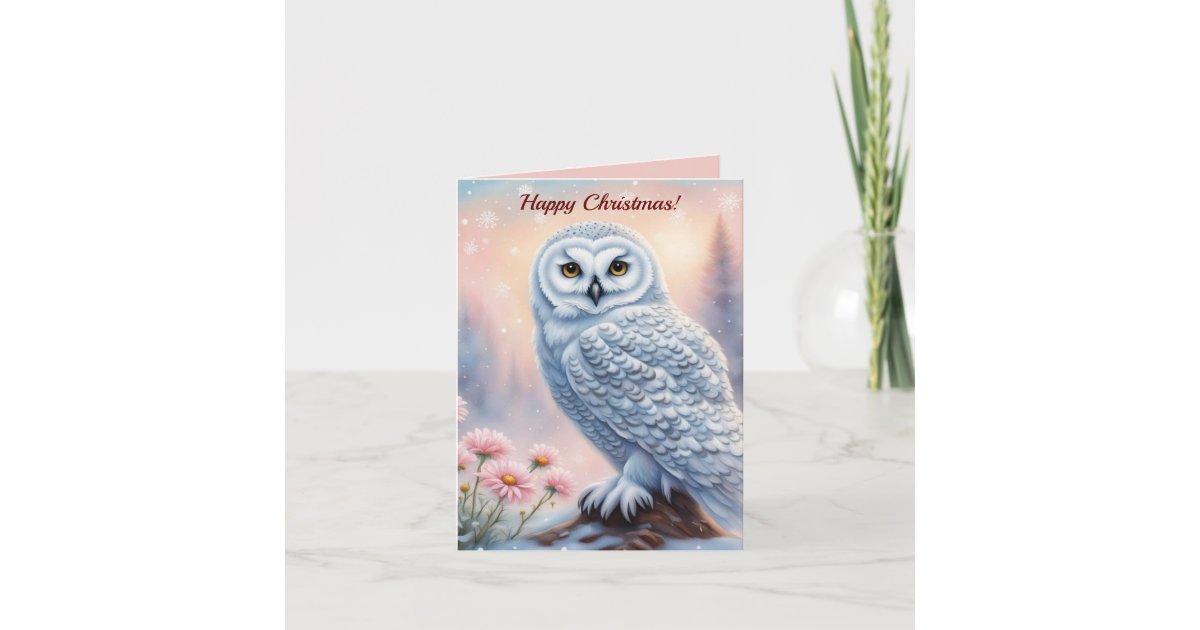 Christmas Snowy Owl, pink flowers. Editable text Note Card | Zazzle