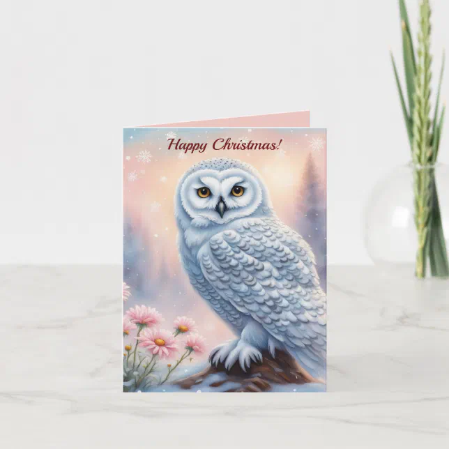 Christmas Snowy Owl, pink flowers. Editable text Note Card | Zazzle