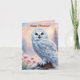 Christmas Snowy Owl, pink flowers. Editable text Note Card