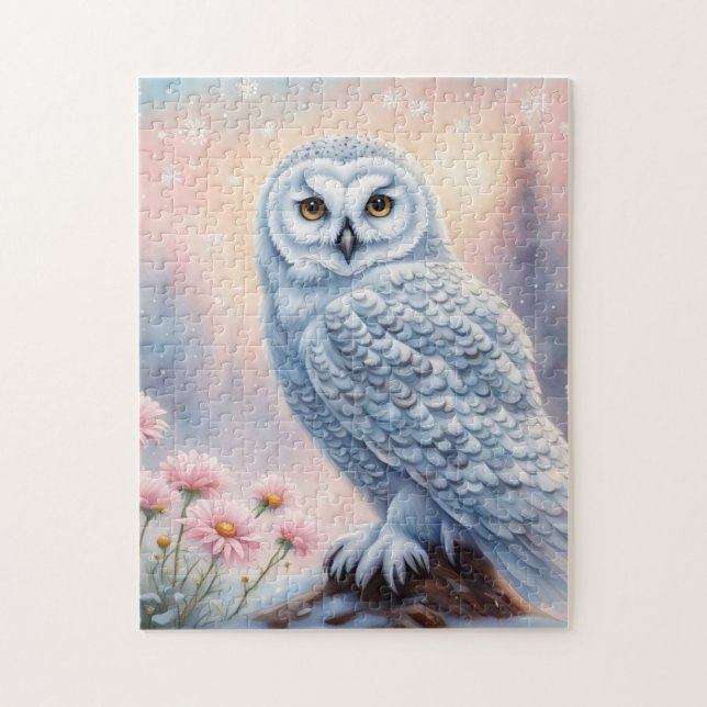 Christmas Snowy Owl, pink flowers. Jigsaw Puzzle (Vertical)