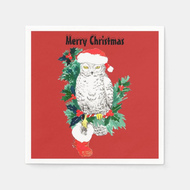 Christmas Snowy Owl with Santa Hat and Stocking Paper Napkins (Front)