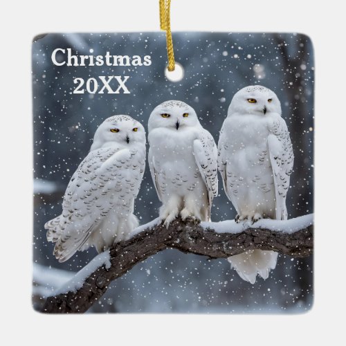 Christmas Snowy Owls Ceramic Ornament