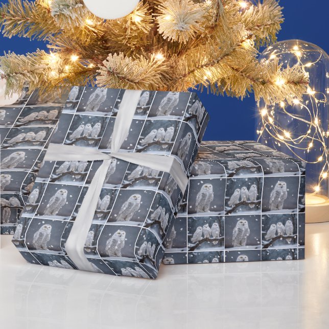 Christmas Snowy Owls in Snowflakes Wrapping Paper (Holidays)