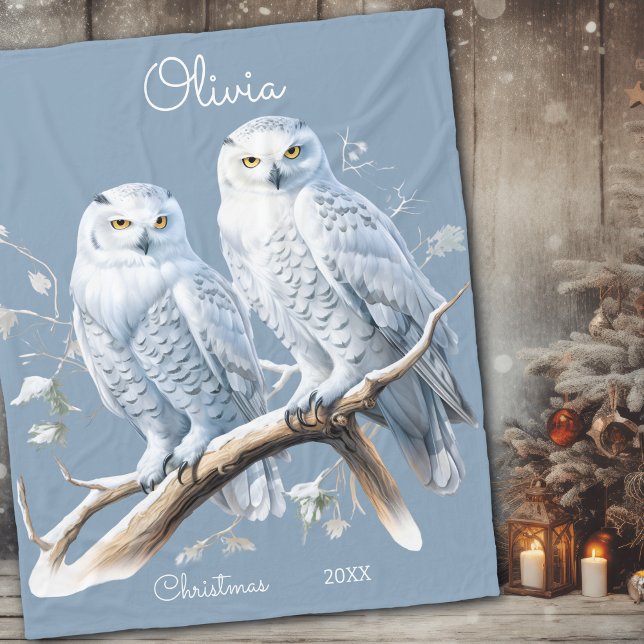 Christmas Snowy Owls Winter Personalized Fleece Blanket (Creator Uploaded)