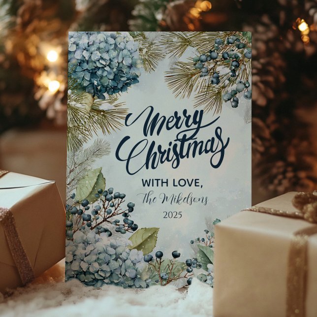 Christmas Snowy Pine Hydrangea Holiday Card (Creator Uploaded)