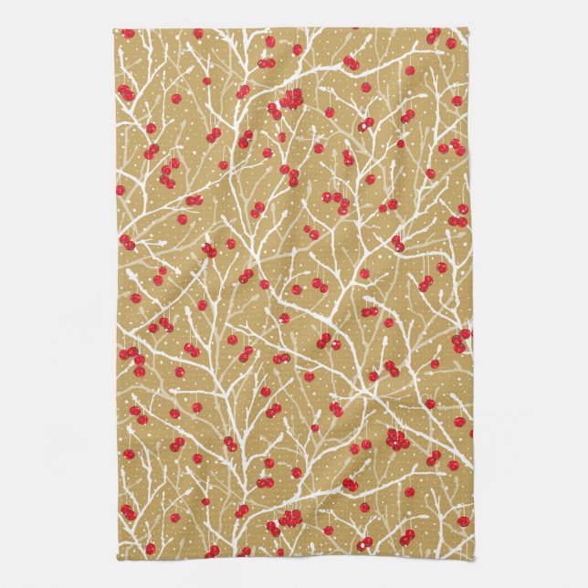 Christmas Snowy Winterberries | Gold/Red/White Kitchen Towel (Vertical)