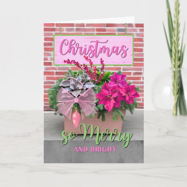 Christmas So Merry and Bright in Pink and Green  Card (Front)