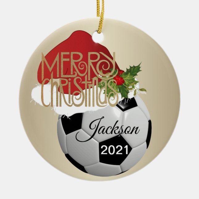 Christmas Soccer Ball Ceramic Ornament (Front)