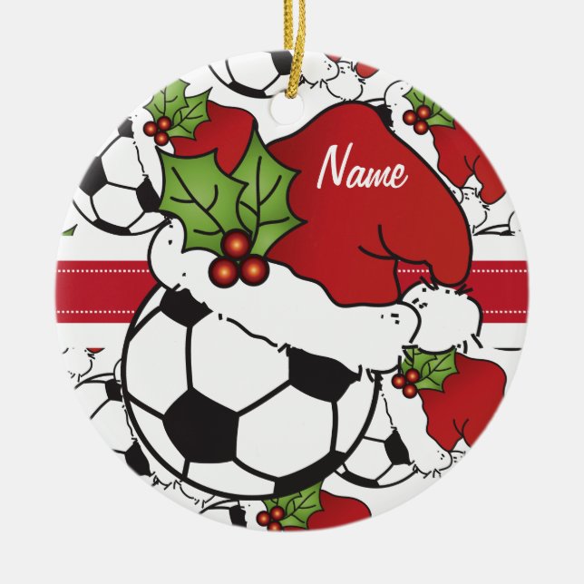 Christmas Soccer ⚽ Ball | Personalize Ceramic Ornament (Front)