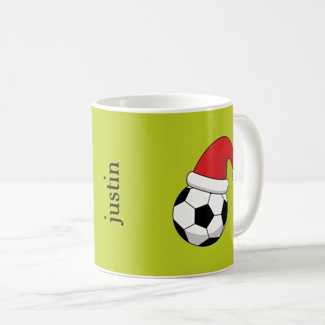 Christmas Soccer Ball, Santa Claus Hat Personalize Coffee Mug (Front Right)