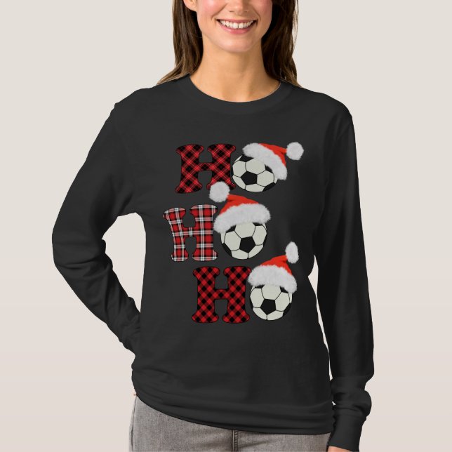 Christmas Soccer Ball Santa Head Red Plaid Xmas So T-Shirt (Front)
