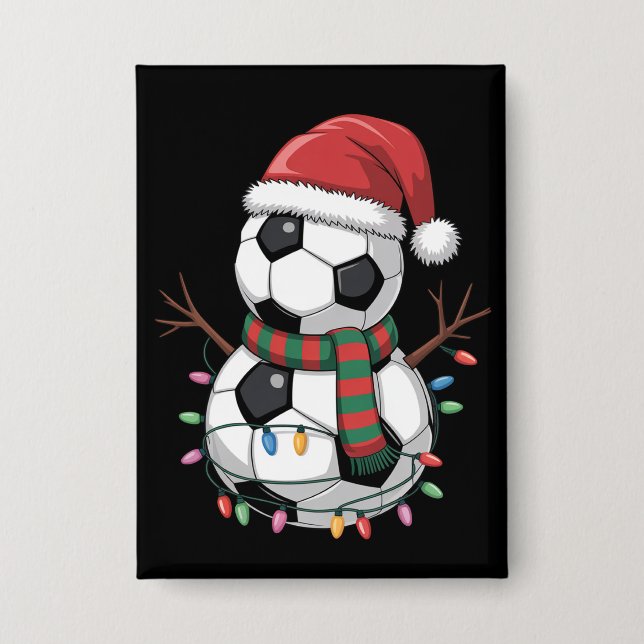 Christmas Soccer Ball Snowman Lights Santa Hat Button (Front)