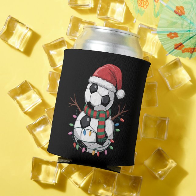 Christmas Soccer Ball Snowman Lights Santa Hat Can Cooler (In Situ Summer)