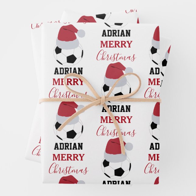 Christmas Soccer Ball Sports Football Custom Name Wrapping Paper Sheets (In situ)