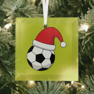 Christmas Soccer Ball With Santa Claus Hat Glass Ornament
