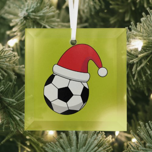 Christmas Soccer Ball With Santa Claus Hat Glass Ornament