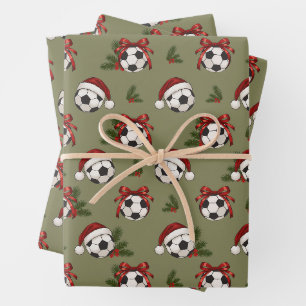 Christmas Soccer Balls Santa Hats Wrapping Paper Sheets