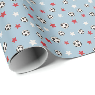 Christmas Soccer Football Balls Red Blue Stars Wrapping Paper