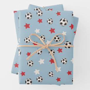 Christmas Soccer Football Balls Red Blue Stars Wrapping Paper Sheets