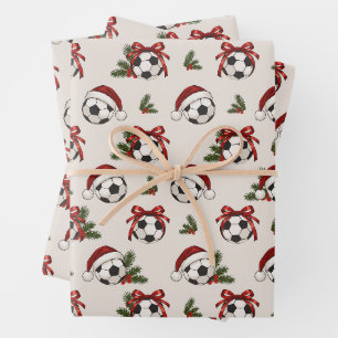 Christmas Soccer Football Balls Santa Hats Wrapping Paper Sheets