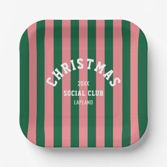 Christmas Social Club Green Pink Candy Stripes Paper Plates (Front)