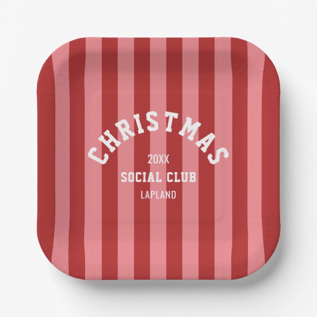 Christmas Social Club Red Pink Candy Stripes Paper Plates (Front)