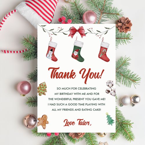 Christmas Sock Birthday Party Thank You Card
