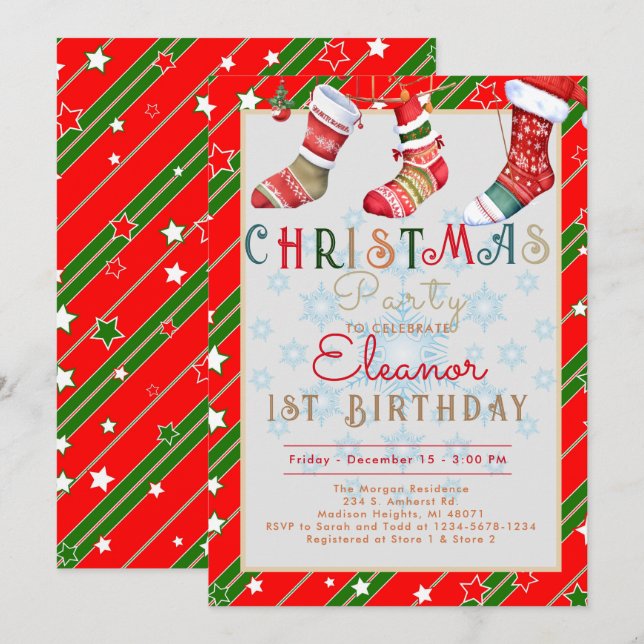 Christmas Socks 1st Birthday Party Invitation (Front/Back)