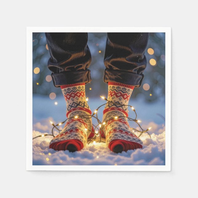 Christmas Socks and Holiday Lights in Snow Napkins (Front)