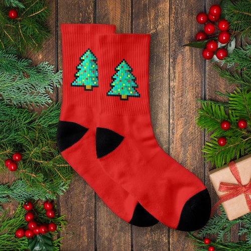 Christmas socks _ decorated 8 bit pixel art tree