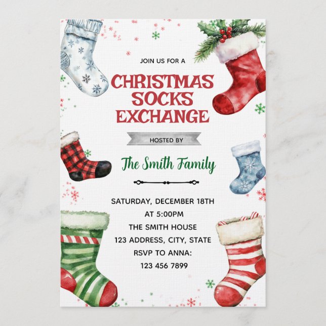 Christmas socks exchange party invitation (Front)