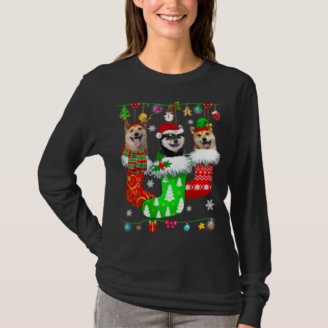 Christmas Socks Pajama Shiba Inu Dog Puppy Lover T-Shirt (Front)