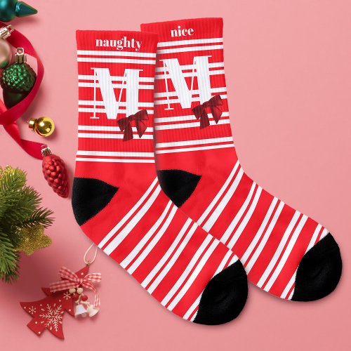 Christmas Socks Red White Naughty Nice Monogram