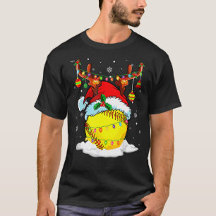 Christmas Softball Ball Santa Hat Reindeer Lights T-Shirt
