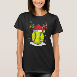 Christmas Softball Ball Santa Hat Reindeer Lights T-Shirt